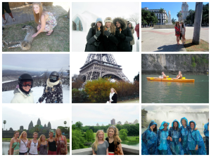 Starting from Top Left: South Africa, Quebec, Cuba, Skiing in Canada, Paris, Kayaking in Vietnam, Cambodia, New York and Niagara Falls.